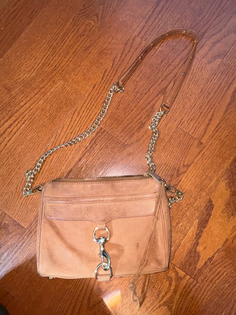 Rebecca Minkoff Tan Leather Crossbody Bag with Gold Chain Accent